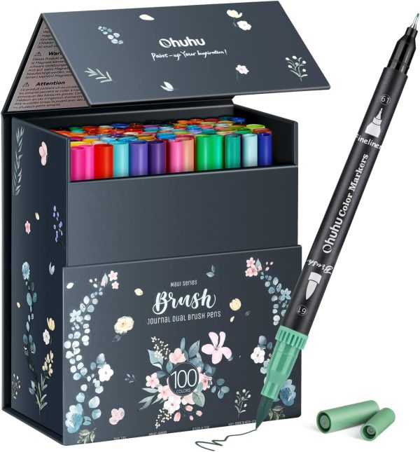 Ohuhu Water Based Dual Tip Brush & Fineliner Journal Pens 100 Colours Maui Series