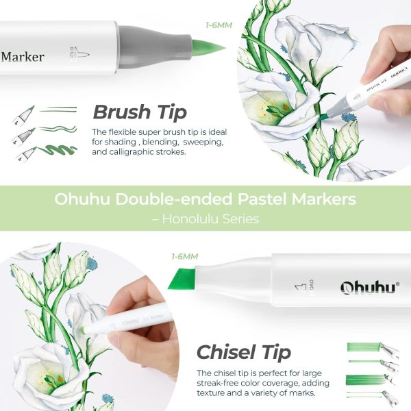 Ohuhu Alcohol Based Art Markers Dual Tip Brush and Chisel 48 Pastel Colours Blossoming Honolulu Series - Image 6