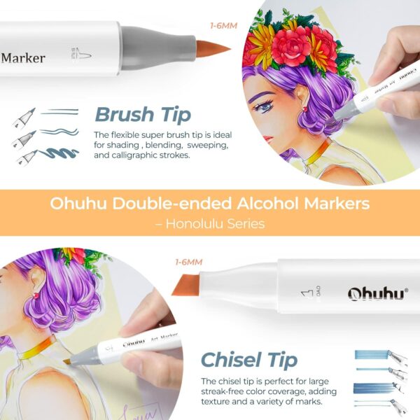 Ohuhu Alcohol Based Markers Double Tip Brush & Chisel 72 Unique Colours Honolulu - Image 4