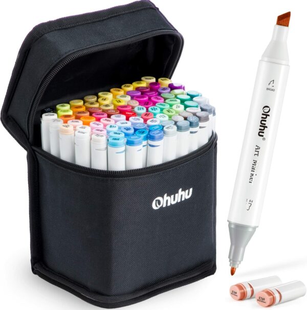 Ohuhu Alcohol Based Markers Dual Tip Fine & Chisel 80 Vibrant Colours + 1 Colourless Blender and Case Oahu Series