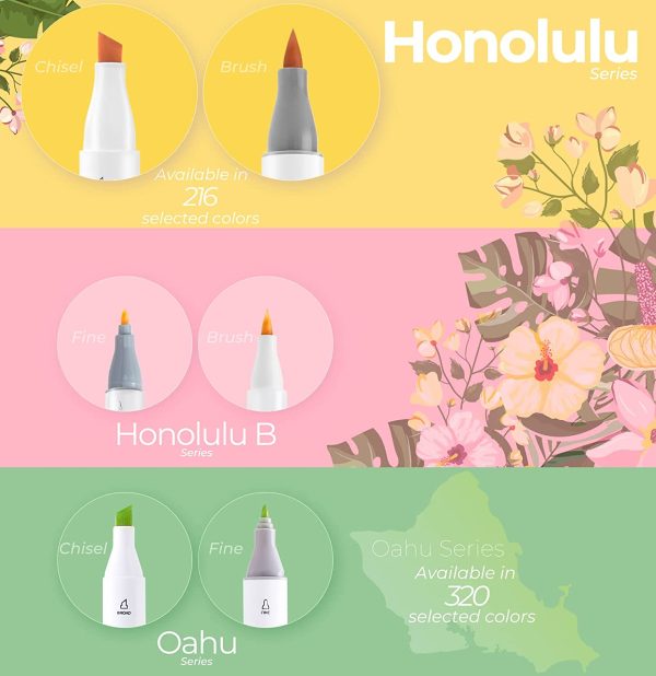 Ohuhu Alcohol Based Art Marker Dual Tip Brush & Chisel 104 Colours Honolulu Series One Colourless Blender Included - Image 4