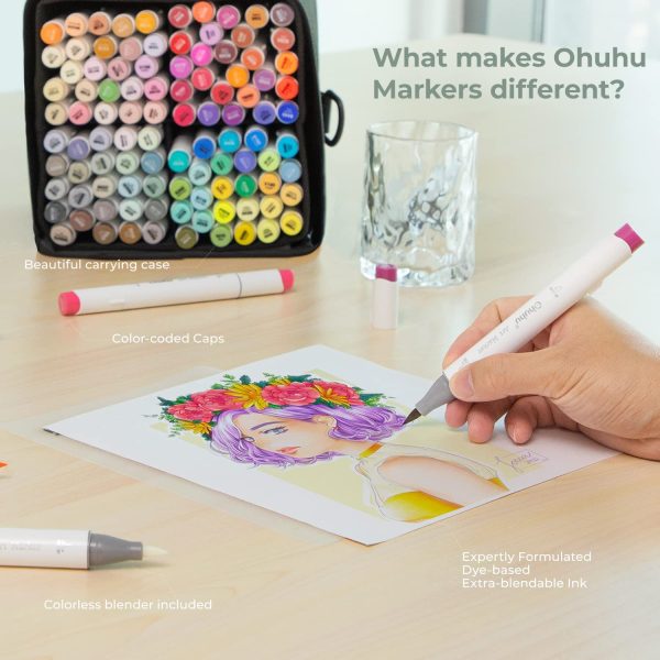 Ohuhu Alcohol Based Art Marker Dual Tip Brush & Chisel 104 Colours Honolulu Series One Colourless Blender Included - Image 8