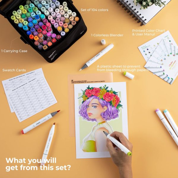 Ohuhu Alcohol Based Art Marker Dual Tip Brush & Chisel 104 Colours Honolulu Series One Colourless Blender Included - Image 6