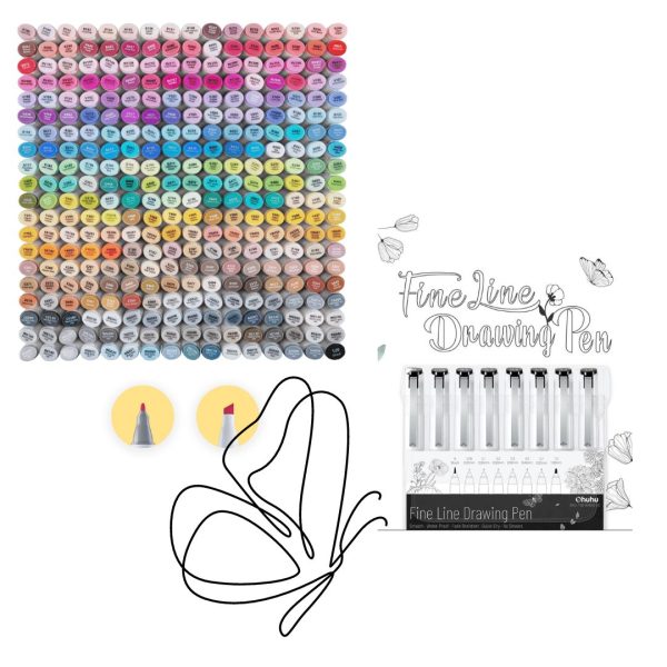 Ohuhu Art Markers Dual Tip Fine & Chisel Oahu Series 320 Colours PLUS Ohuhu FineLine Drawing Pen Set of 8