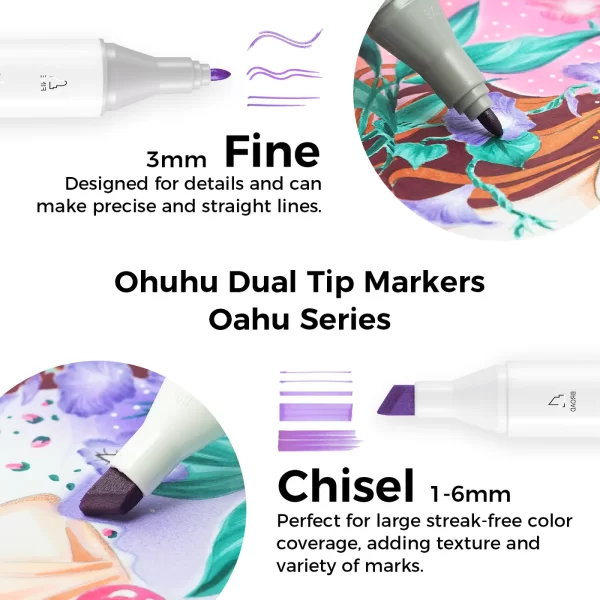 Ohuhu Alcohol Based Markers Dual Tip Fine & Chisel 80 Vibrant Colours + 1 Colourless Blender and Case Oahu Series - Image 3