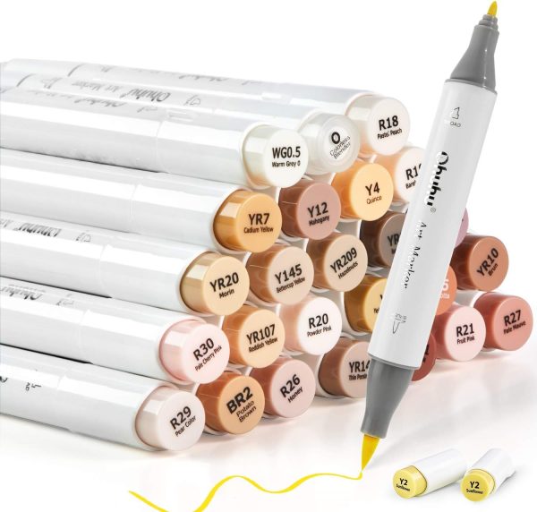 Ohuhu Alcohol Based Skin Tone Art Markers Dual Tip Brush & Fine 24 Colours + 1 Colourless Blender and Case Honolulu B Series