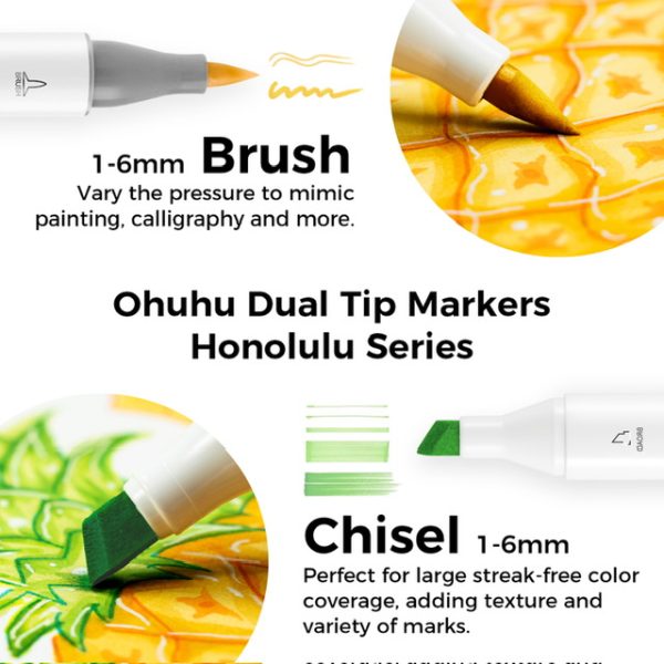 Ohuhu Alcohol Based Art Marker Dual Tip Brush & Chisel 104 Colours Honolulu Series One Colourless Blender Included - Image 2